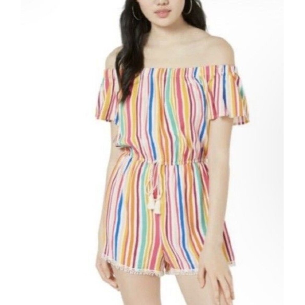 Bebop Women's Striped Off Shoulder Sleeve PomPom Trim Romper sz XS Coastal Boho